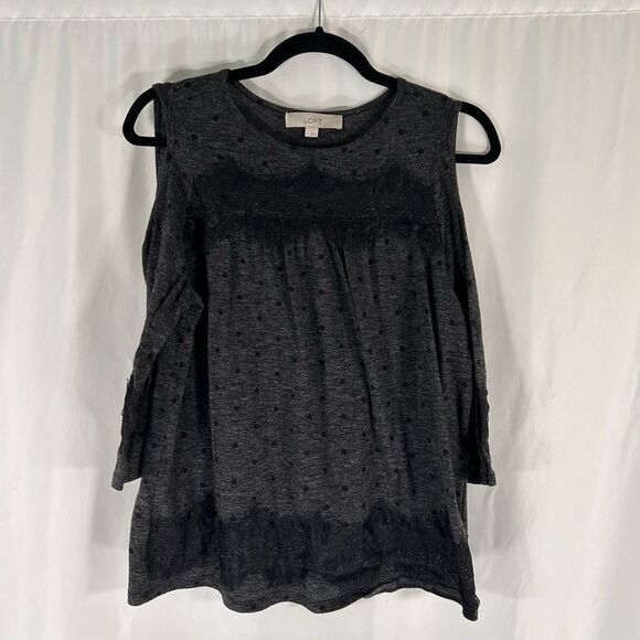 LOFT Blouse Women's Small Dark Grey Cold Shoulder 3/4 Sleeve Lightweight - Picture 1 of 5